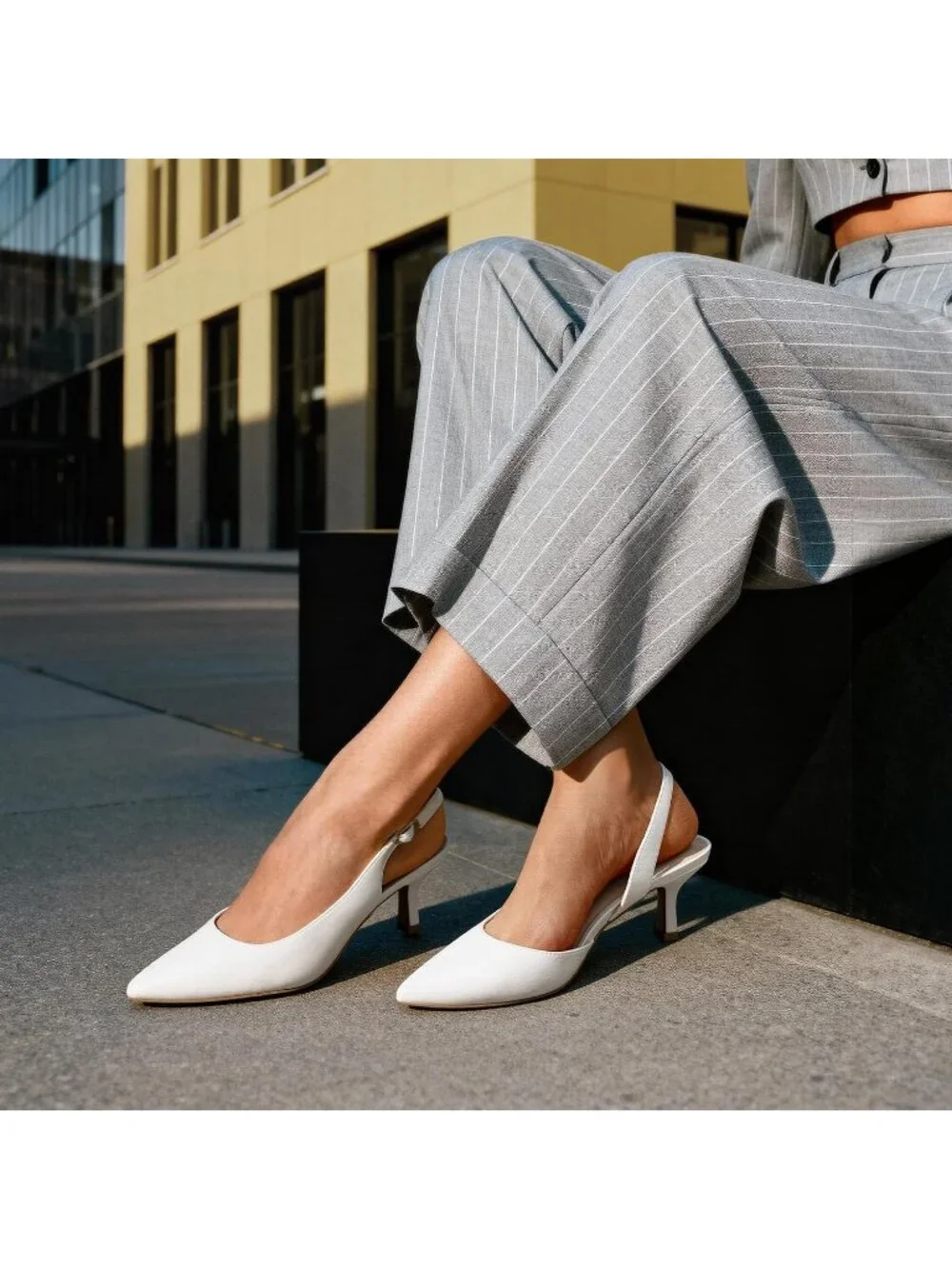 Womens White Faux Leather Kitten Slingback Low Heels Casual Dress Shoes Pumps
